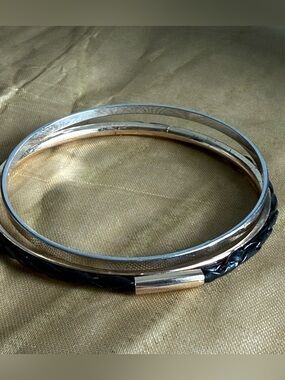 Gold & Silver Tone Bangles with Black Braided Accent